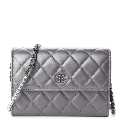 Chanel Lambskin Quilted Pearl My Shoulder Mini French Wallet On Chain WOC Silver 1 of 12