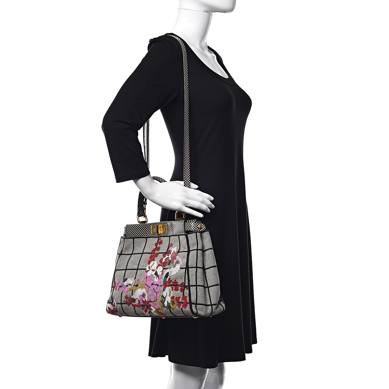 Fendi Canvas Calfskin Embroidered Medium Peekaboo Iconic Satchel Black Beige Multicolor 2 of 10