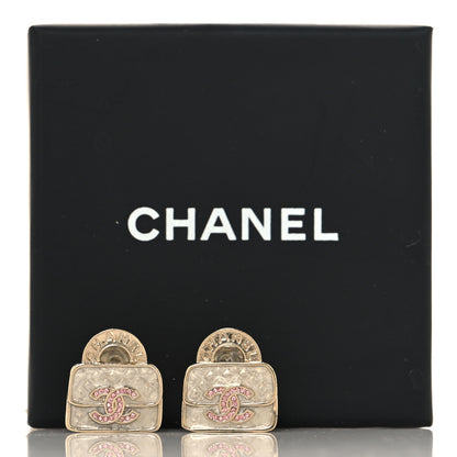 Chanel Metal Crystal Resin CC Top Handle Bag Clip On Earrings Pink White Gold 8 of 10