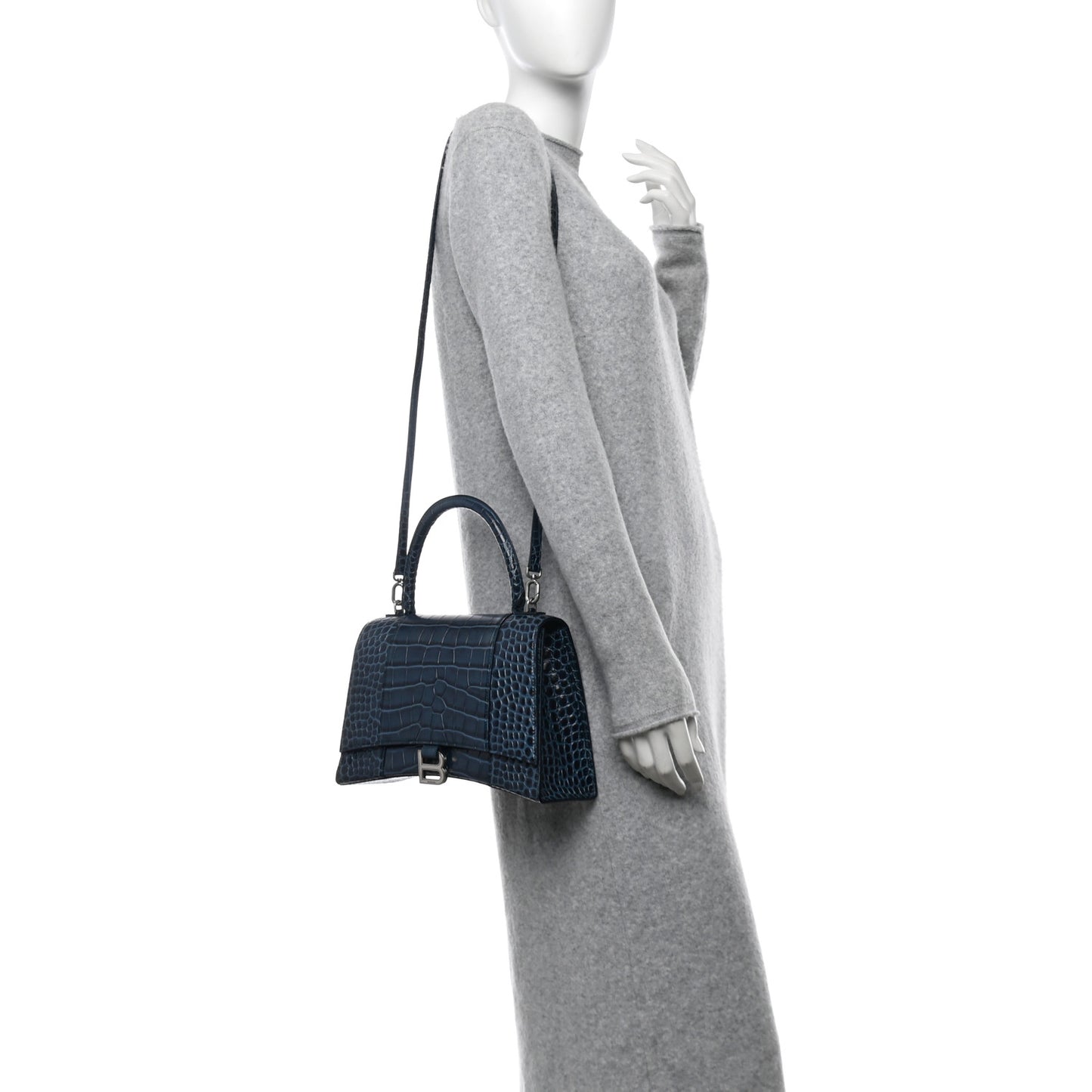 Shiny Calfskin Crocodile Embossed Medium Hourglass Top Handle Bag Denim Blue