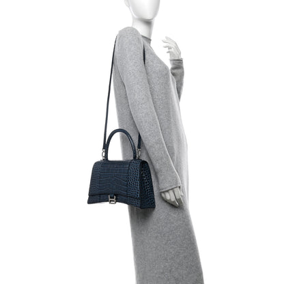 Balenciaga Shiny Calfskin Crocodile Embossed Medium Hourglass Top Handle Bag Denim Blue 2 of 12