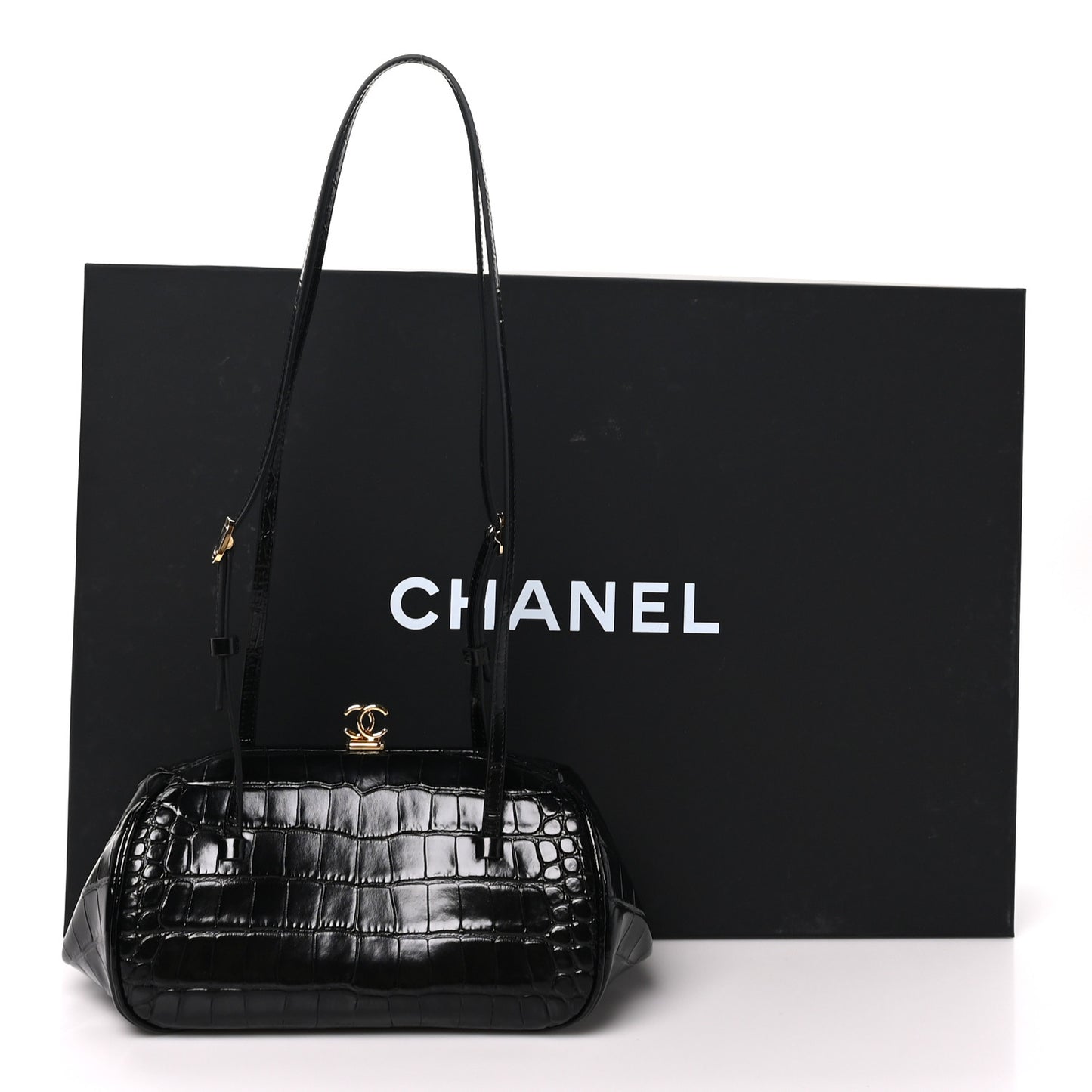 Calfskin Crocodile Embossed Pretty CC Clutch With Strap Black