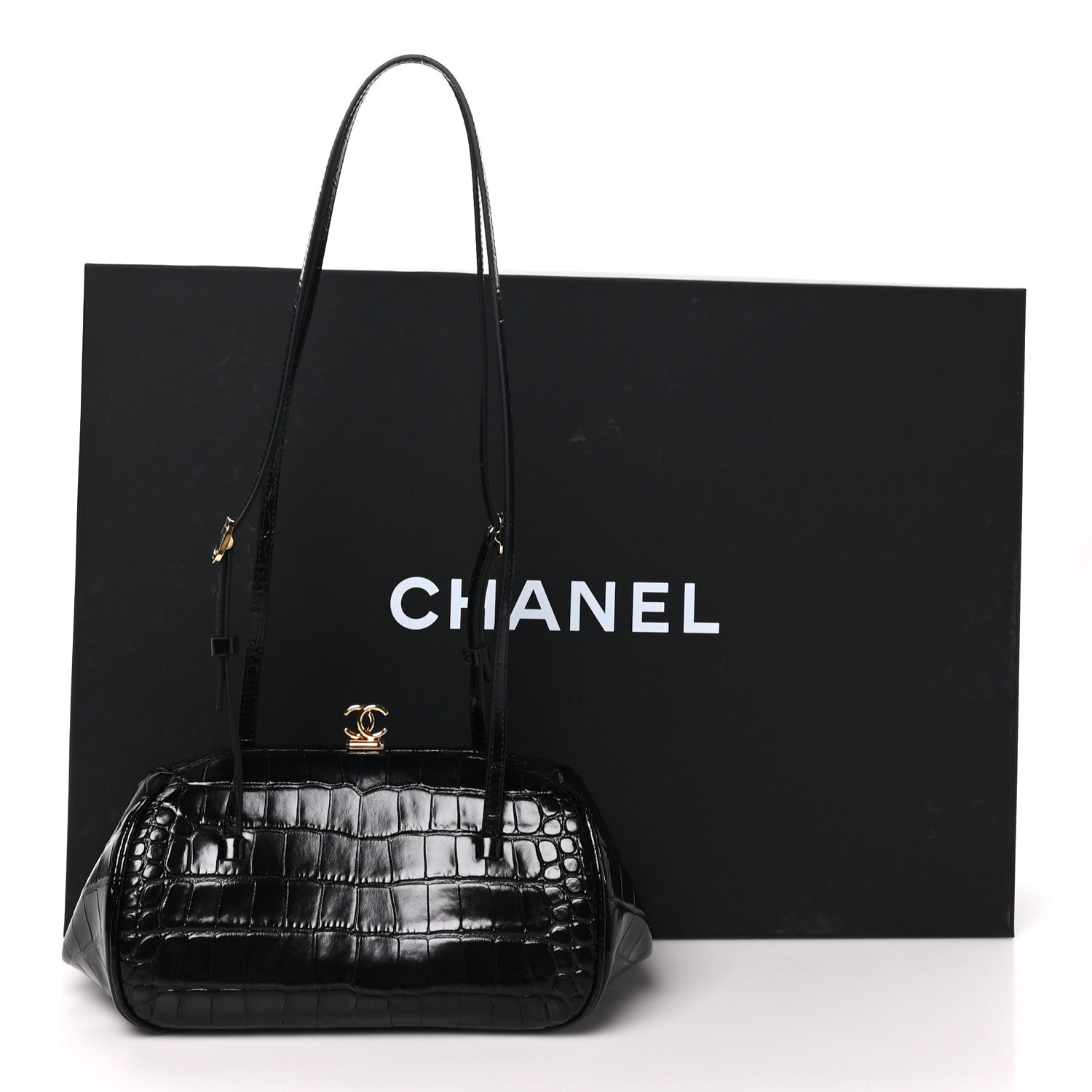 Chanel Calfskin Crocodile Embossed Pretty CC Clutch With Strap Black 10 of 10