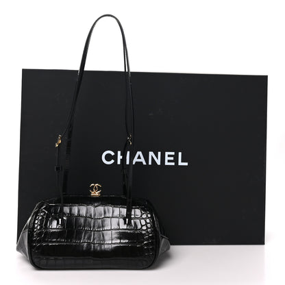Chanel Calfskin Crocodile Embossed Pretty CC Clutch With Strap Black 10 of 10