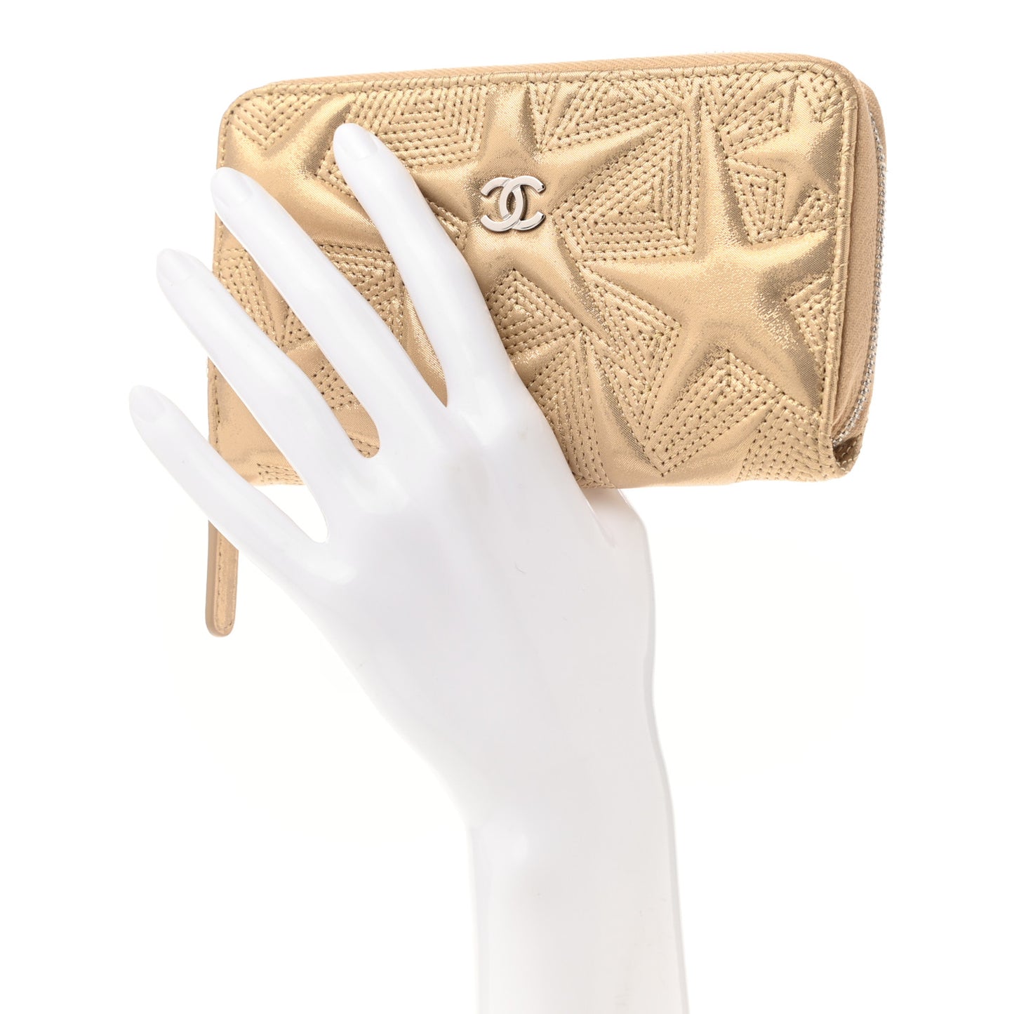 Metallic Lambskin Star Embossed Medium Zip Around Wallet Gold