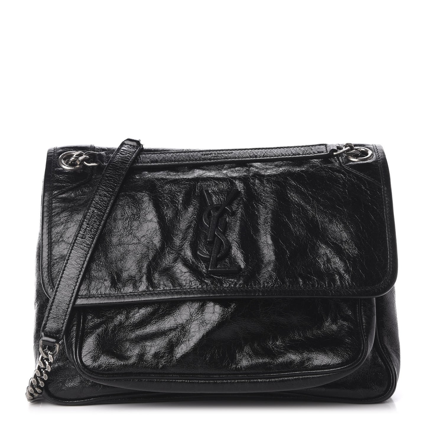 Crinkled Calfskin Matelasse Monogram Medium Niki Chain Satchel Black