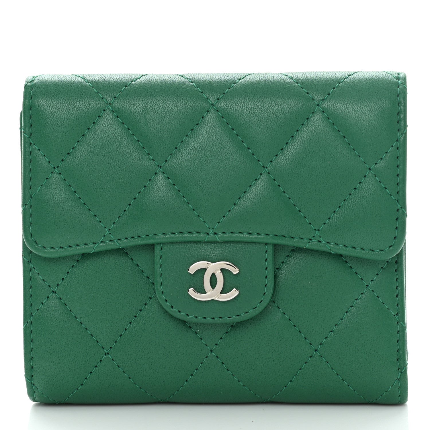 Chanel Lambskin Quilted Compact Flap Wallet Green 1 of 11