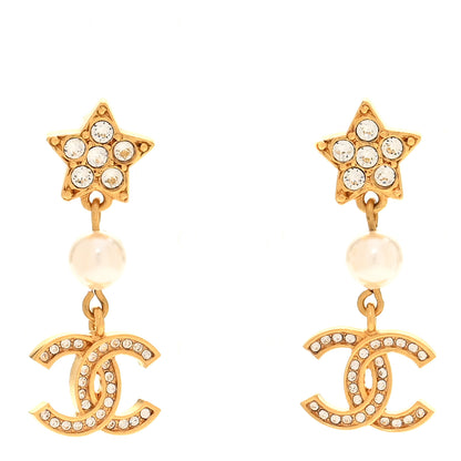Chanel Metal Crystal Pearl CC Star Drop Earrings Gold Pearly White 1 of 5