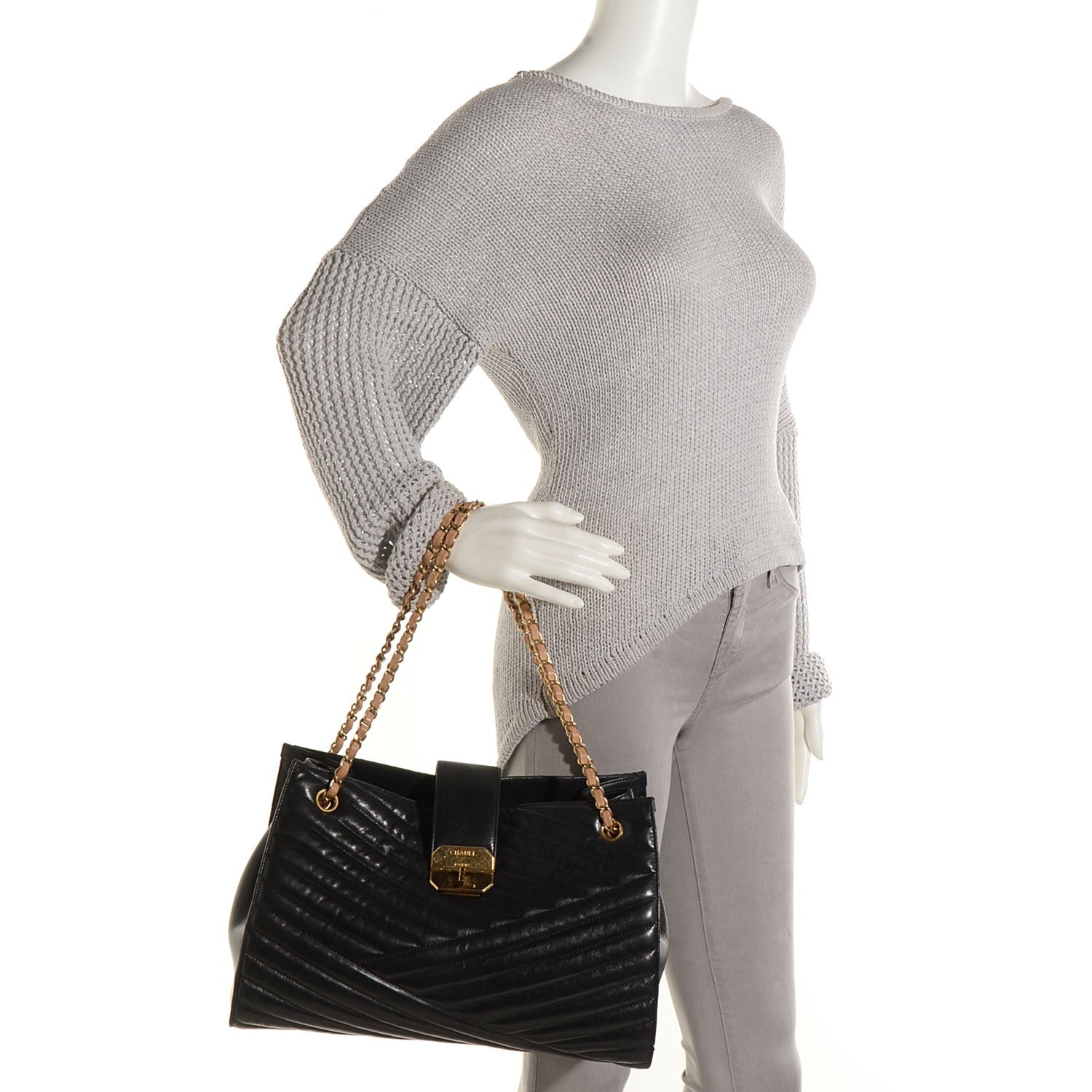 Chanel Calfskin Chevron Large Gabrielle Tote Black 2 of 9