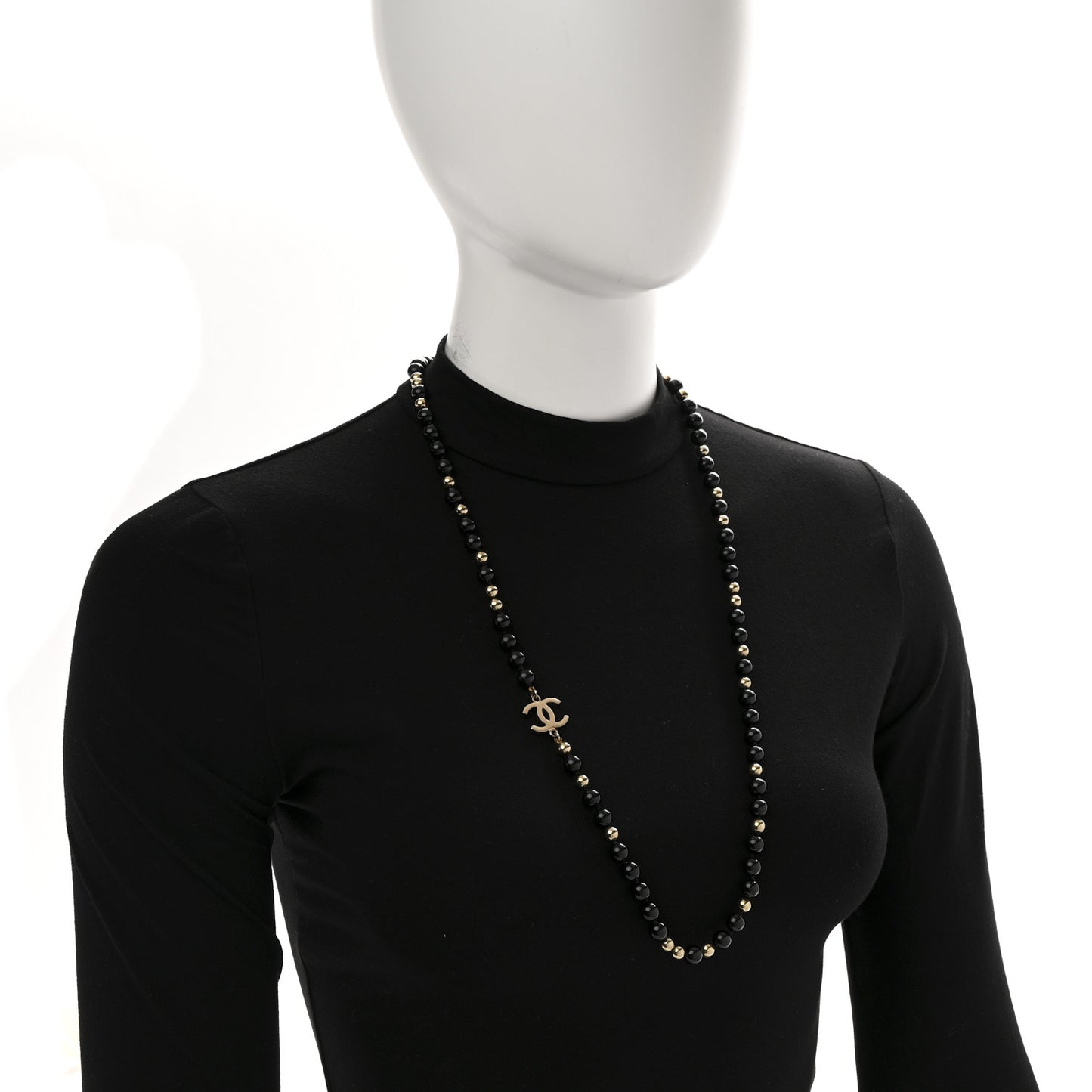 Metal Beaded CC Long Necklace Gold Black