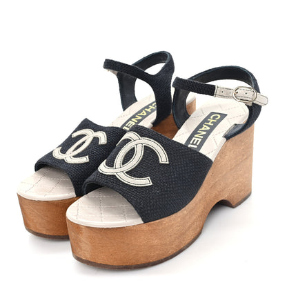 Chanel Fabric Calfskin Platform Wedge Sandals 36 Black 4 of 9