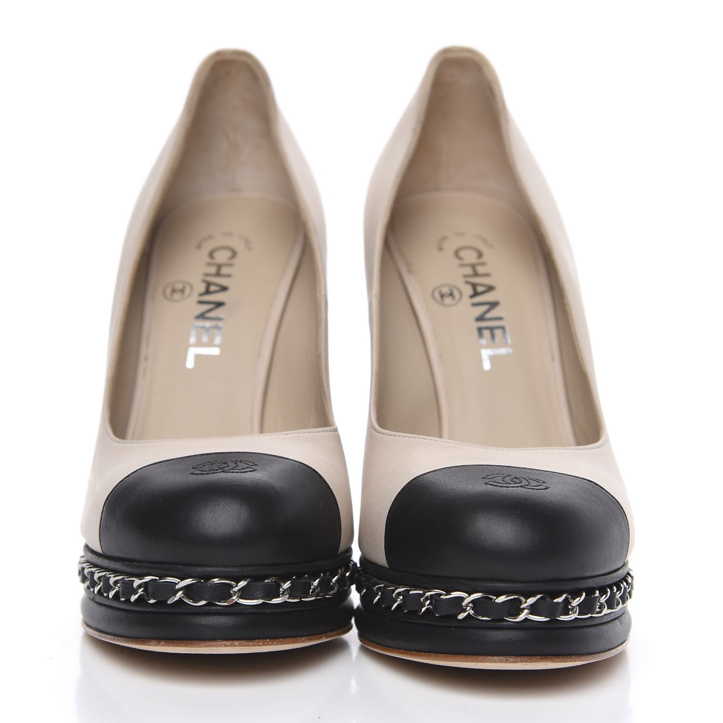 Calfskin CC Cap Toe Platform Chain Pumps 37 Beige Black