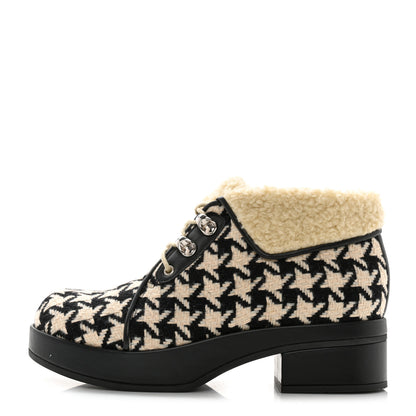 Gucci Optical Tweed Faux Shearling Houndstooth Victor Lace Up Ankle Boots 36 White Black 1 of 10
