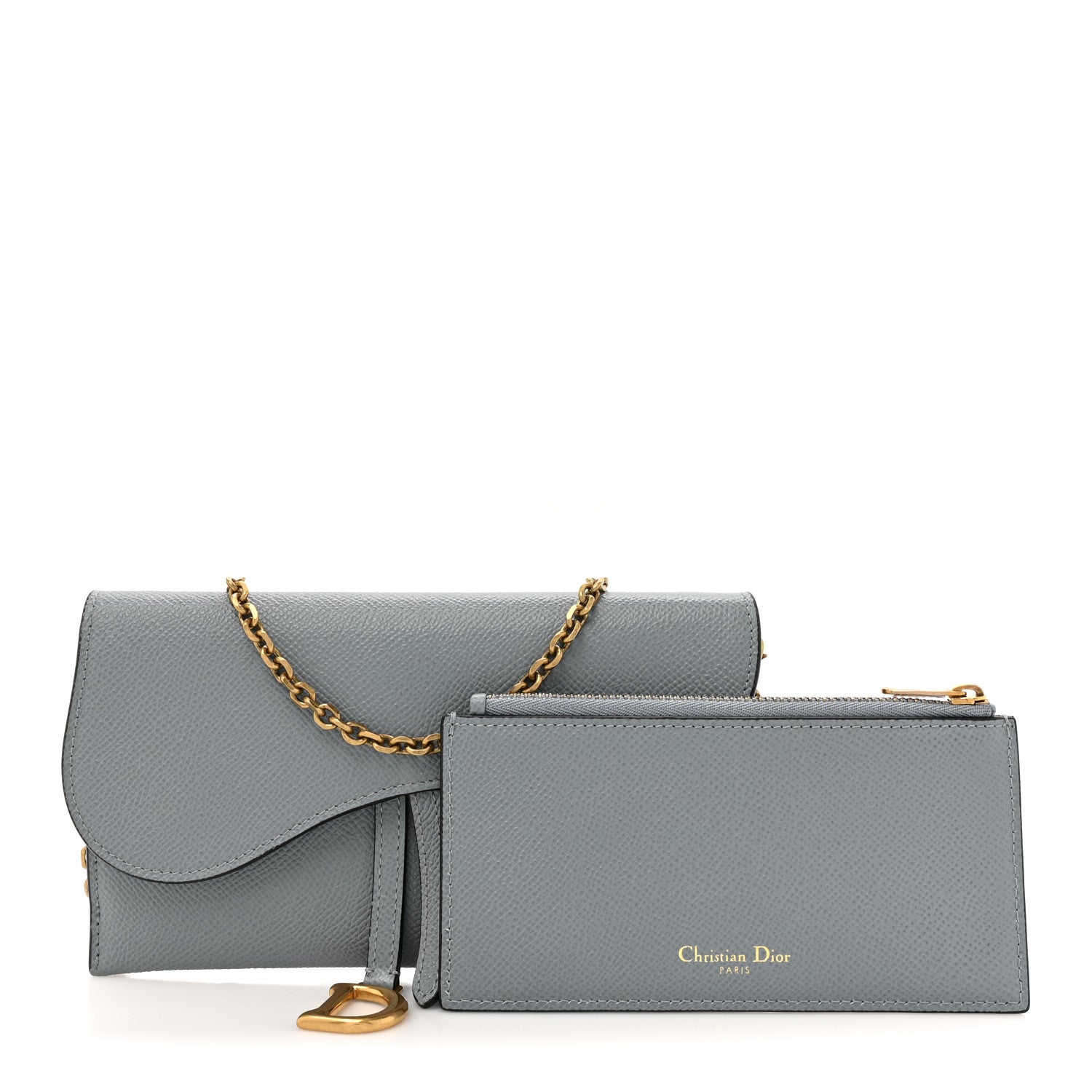 Christian Dior Grained Calfskin Saddle Chain Wallet Pouch Grey Stone 3 of 17