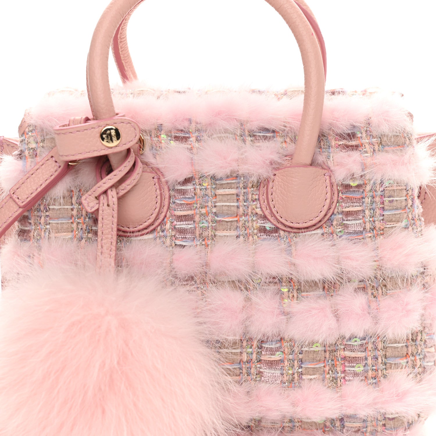 MCM Tweed Mink Fur Sequin Mini Tote Pink Blush 8 of 15
