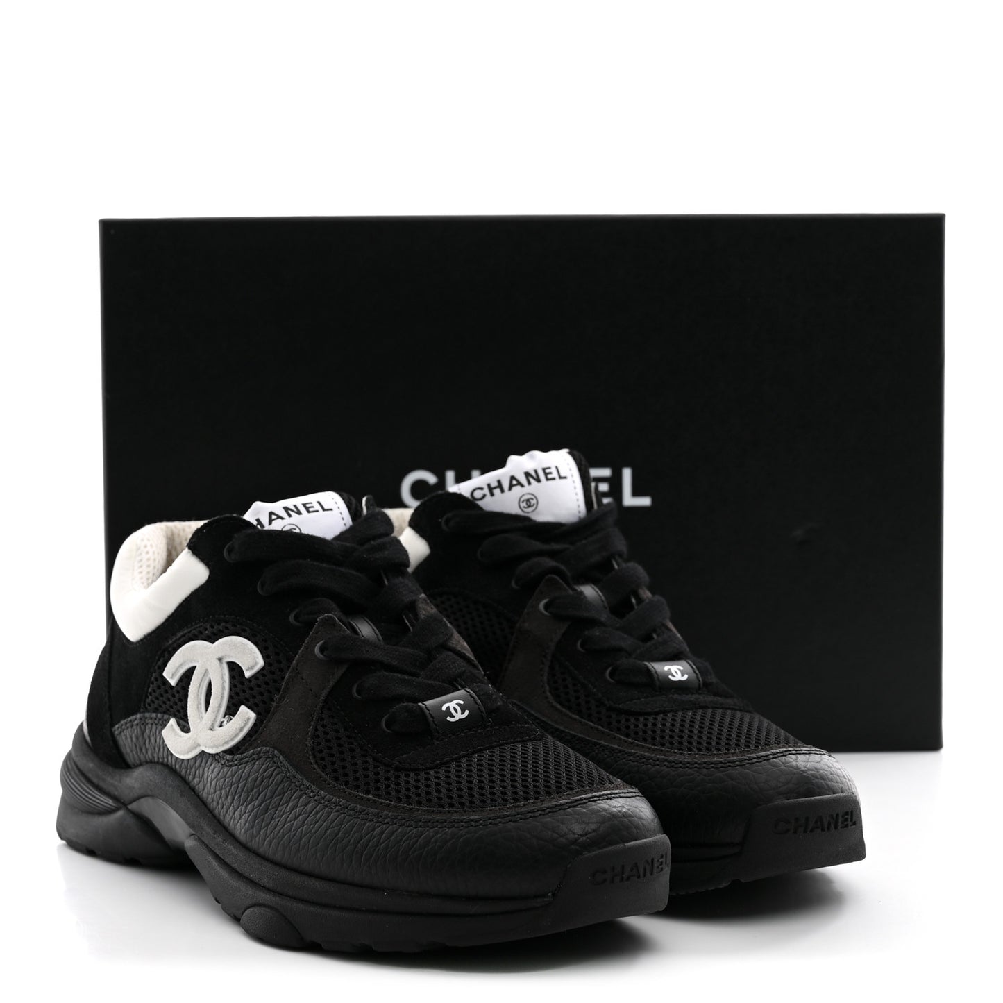 Mesh Suede Grained Calfskin Womens CC Sneakers 38.5 Black White