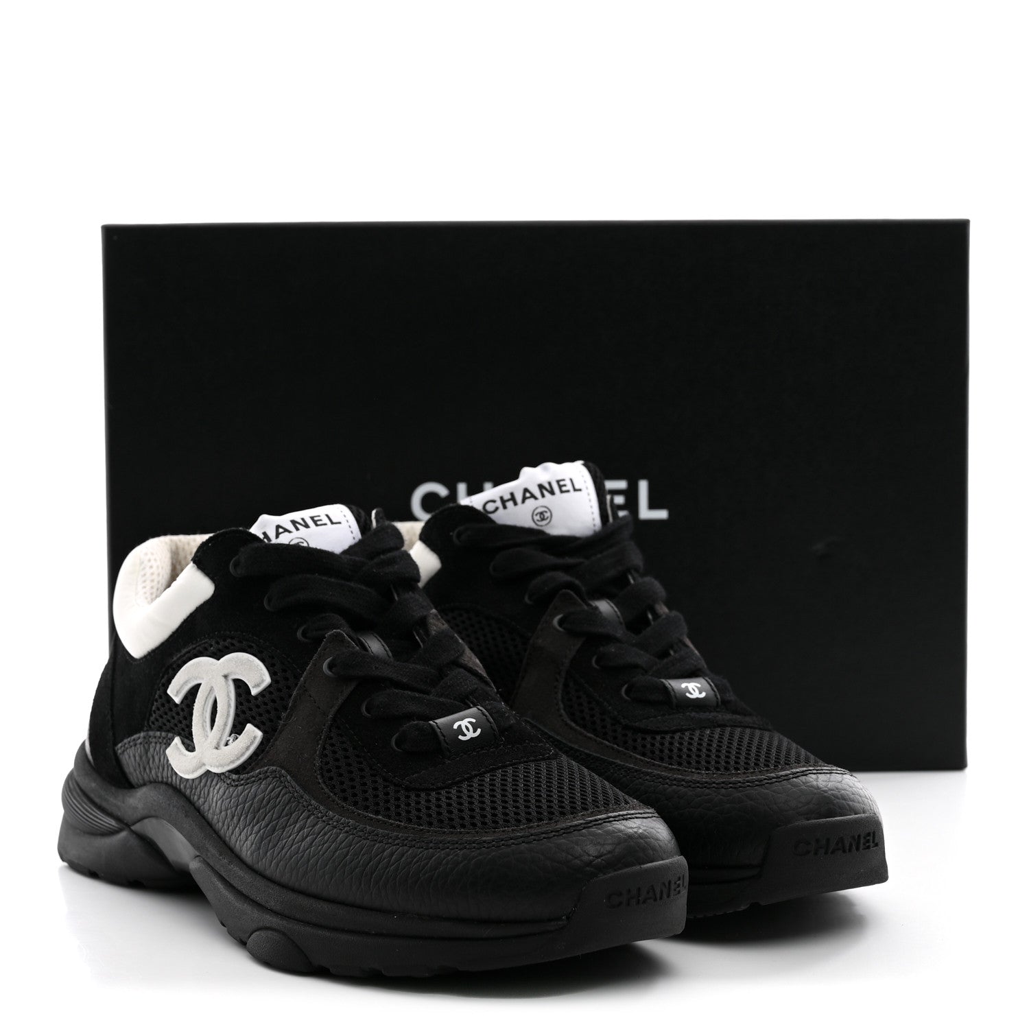 Chanel Mesh Suede Grained Calfskin Womens CC Sneakers 38.5 Black White 10 of 10