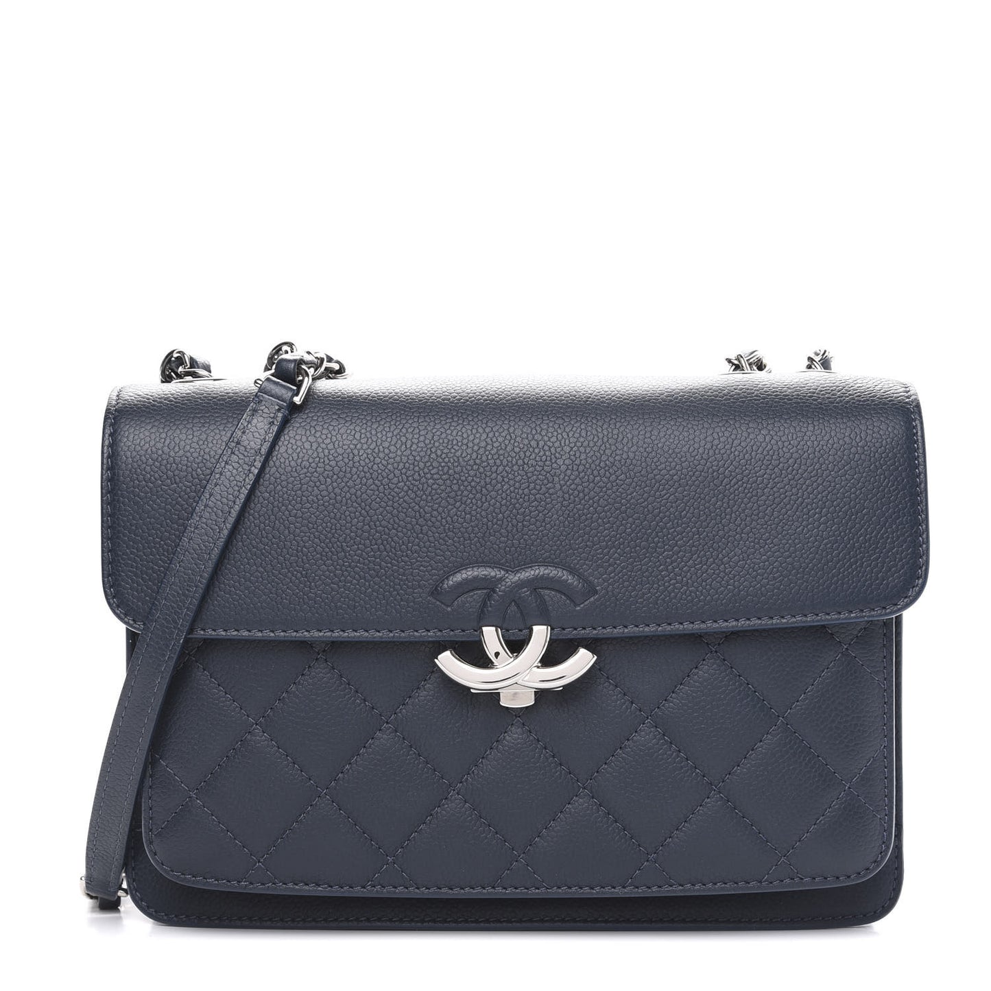 Grained Calfskin Quilted Large CC Box Flap Blue