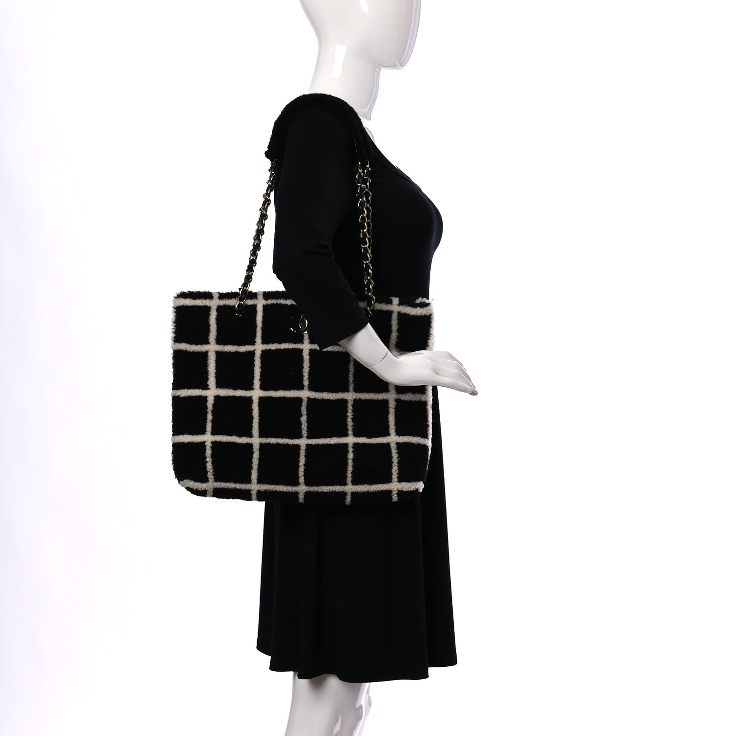 Chanel Shearling Lambskin Fluffy Tartan Shopping Bag Black White 2 of 12