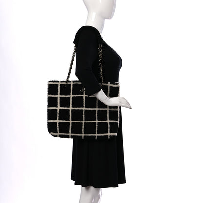Chanel Shearling Lambskin Fluffy Tartan Shopping Bag Black White 2 of 12