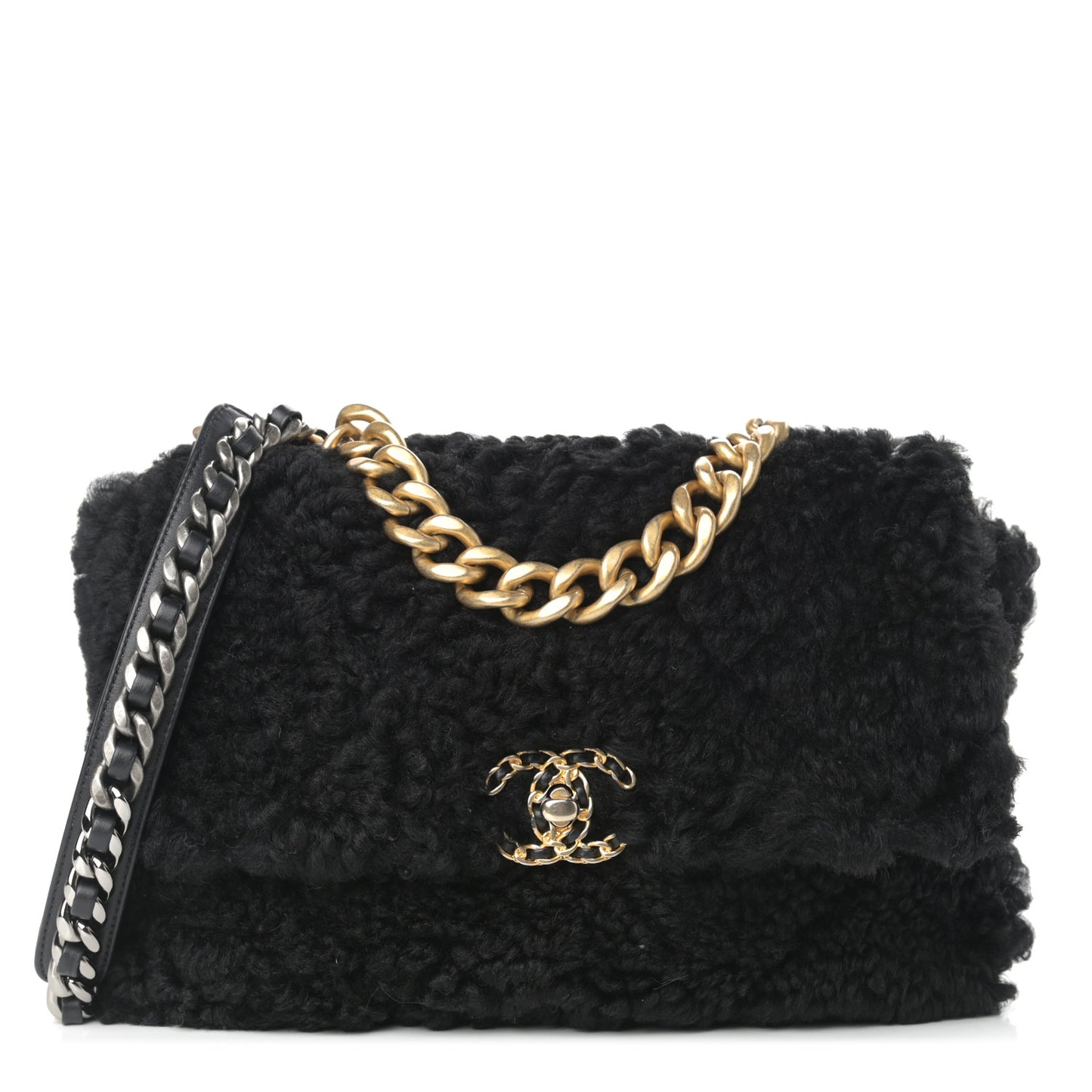 Shearling Sheepskin Large Chanel 19 Flap Black