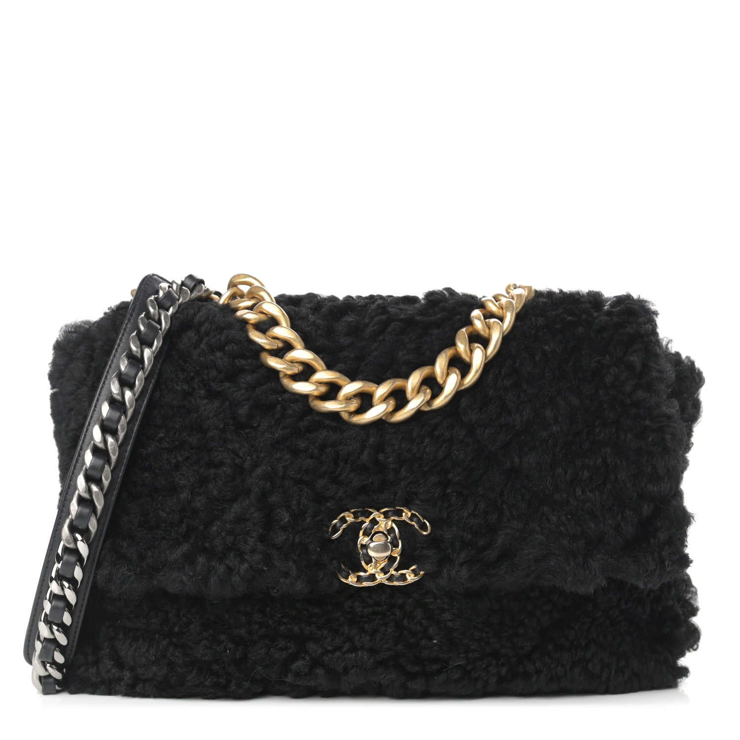 Chanel Shearling Sheepskin Large Chanel 19 Flap Black 1 of 9