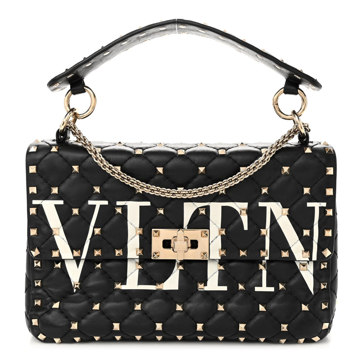 Lambskin VLTN Print Medium Rockstud Spike Shoulder Bag Black