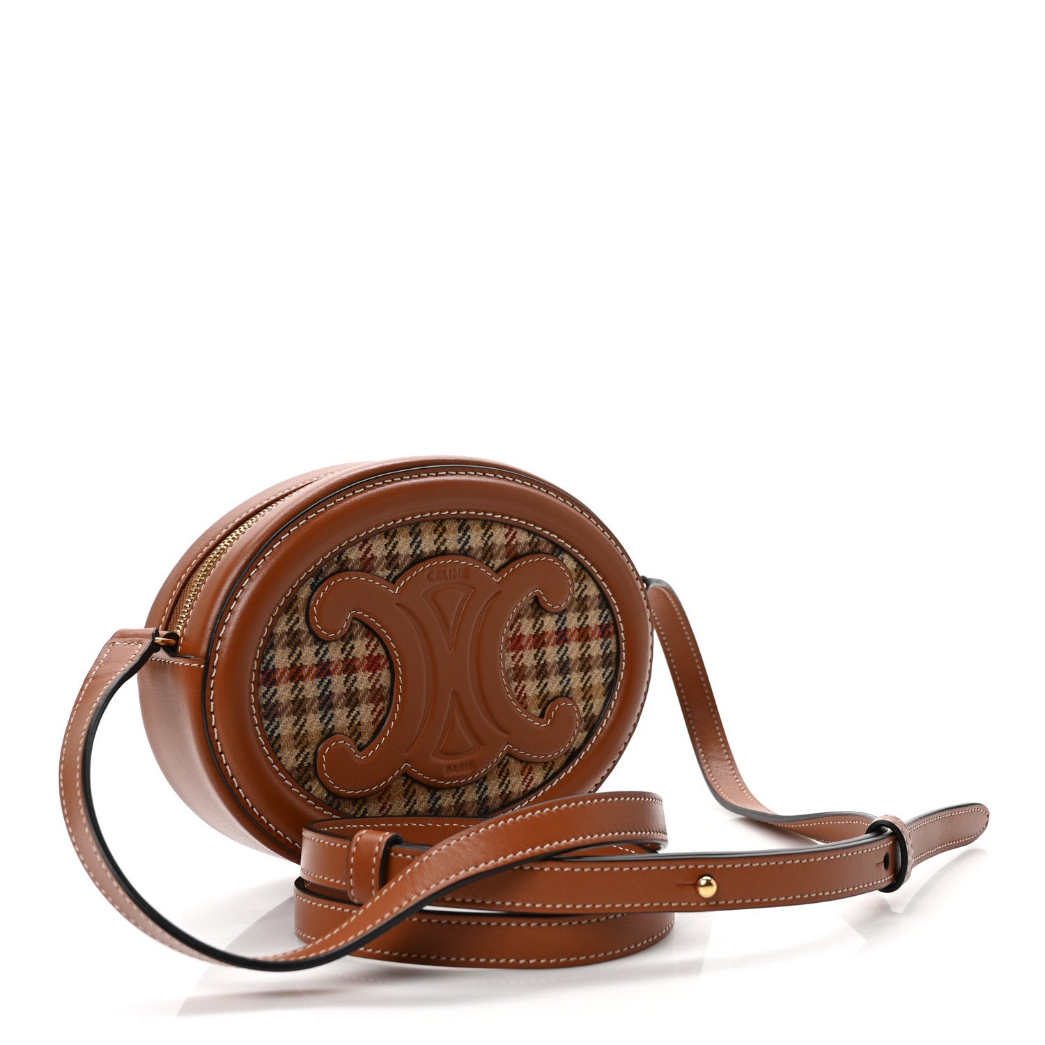 Celine Smooth Calfskin Houndstooth Cuir Small Triomphe Oval Purse Crossbody Tan 3 of 9