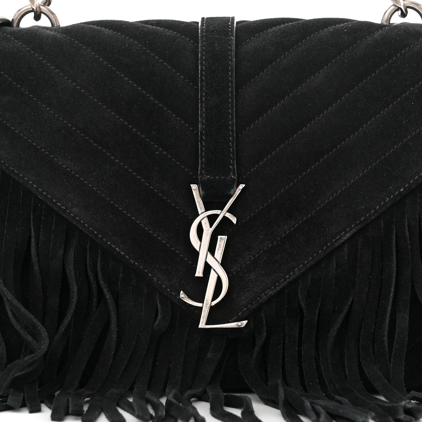 Suede Matelasse Chevron Fringe Monogram Medium College Bag Black