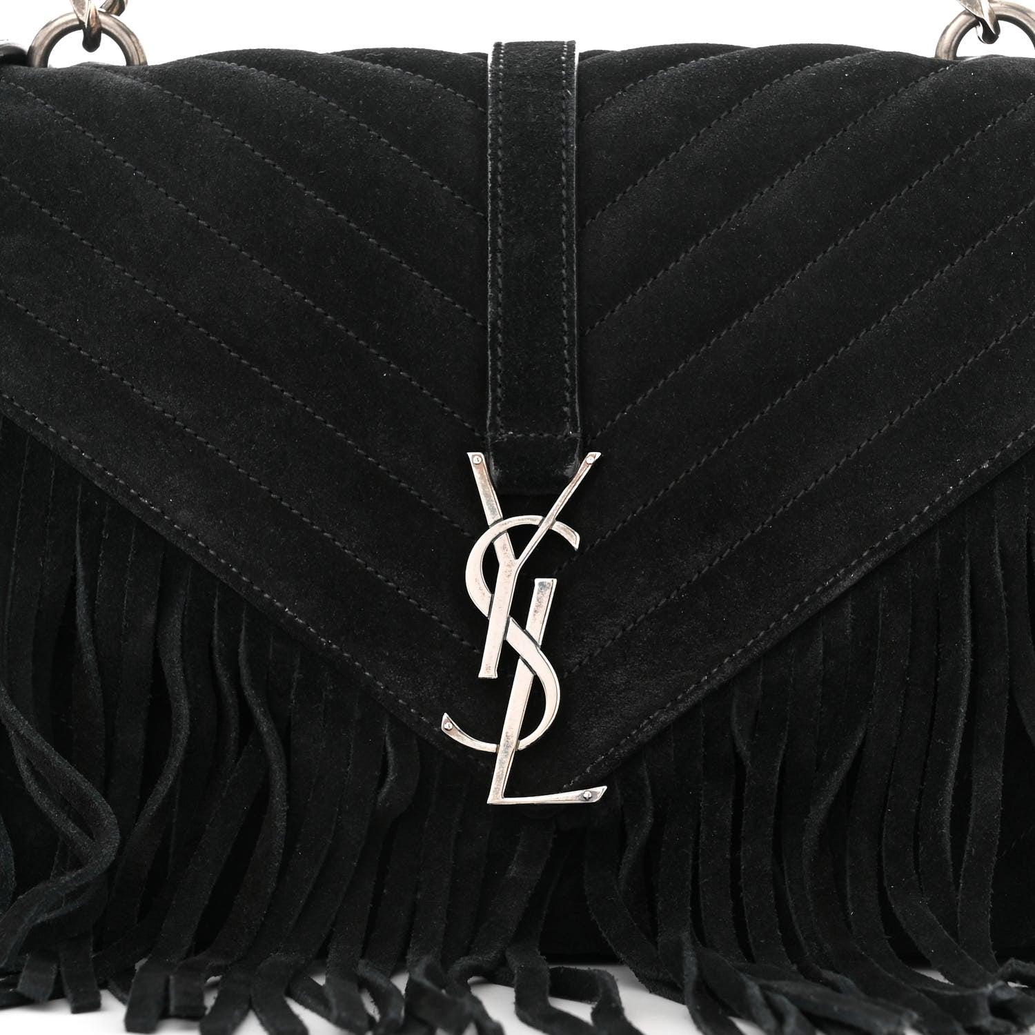 Saint Laurent Suede Matelasse Chevron Fringe Monogram Medium College Bag Black 8 of 11