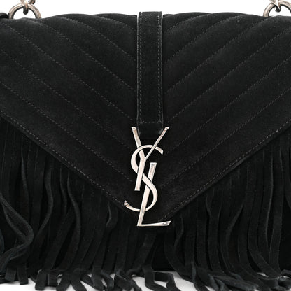 Saint Laurent Suede Matelasse Chevron Fringe Monogram Medium College Bag Black 8 of 11