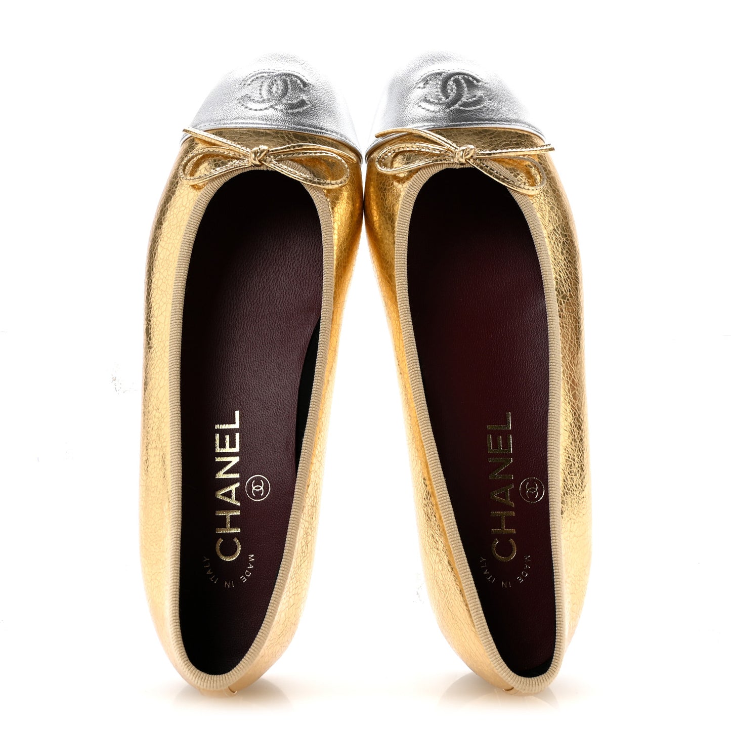 Metallic Crackled Laminated Calfskin CC Cap Toe Ballerina Flats 37.5 Gold Silver
