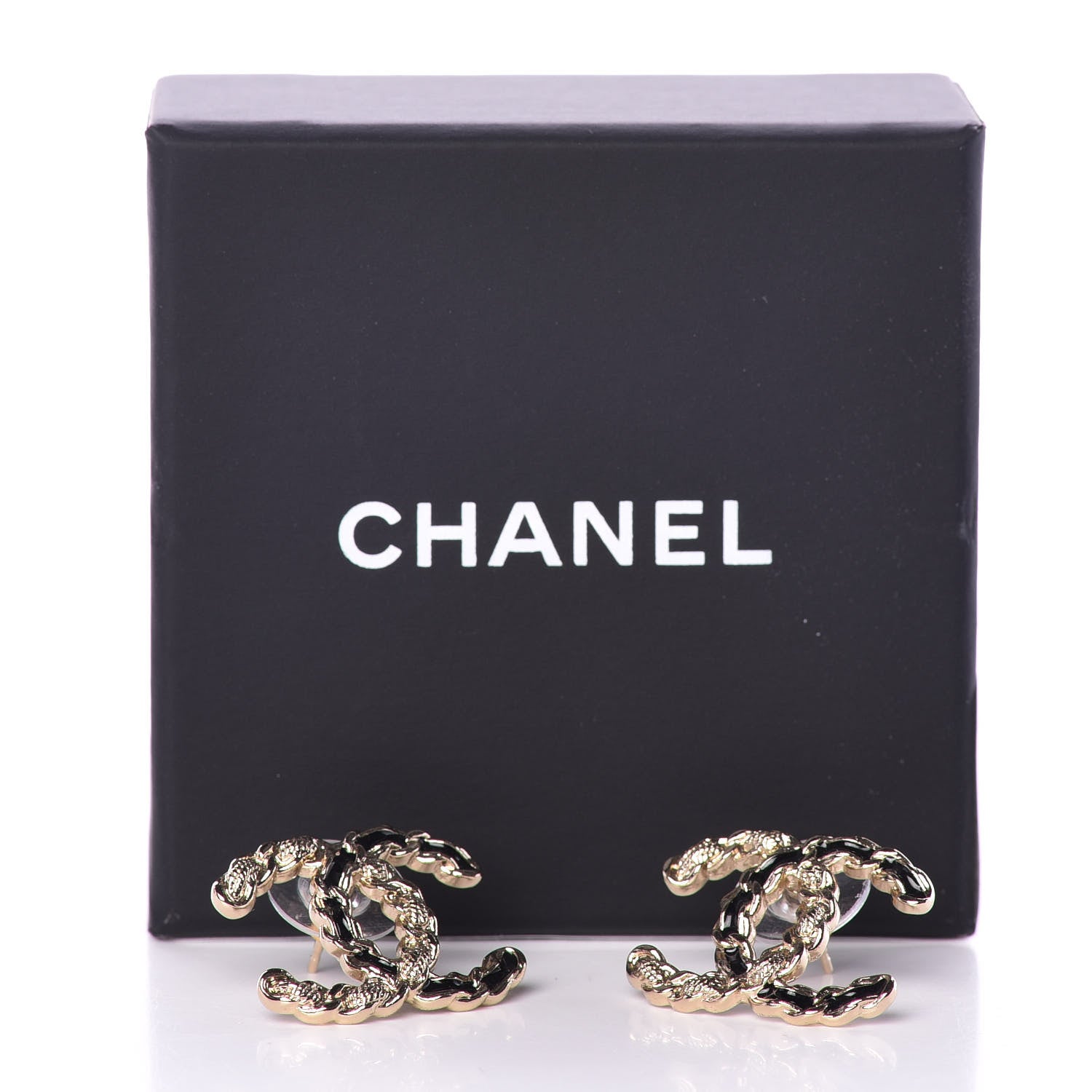 Chanel Enamel Metal Chain French New Wave CC Earrings Black Gold 4 of 4