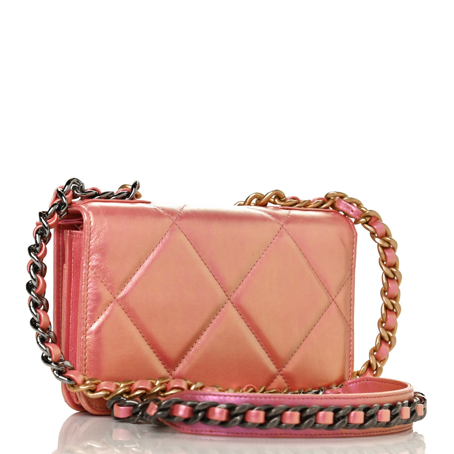 Iridescent Calfskin Quilted Chanel 19 Wallet On Chain WOC Pink