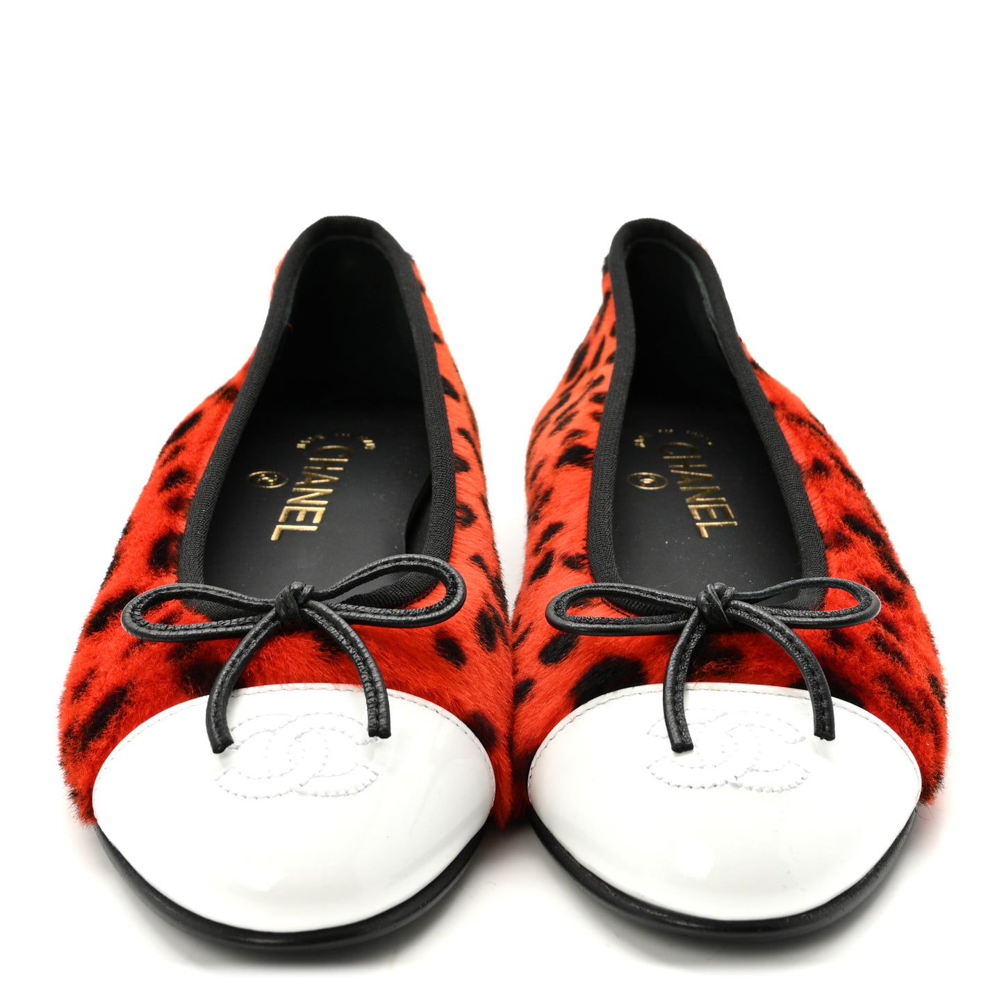 Pony Hair Lambskin Patent Cap Toe CC Ballerina Flats 37.5 Orange Black White