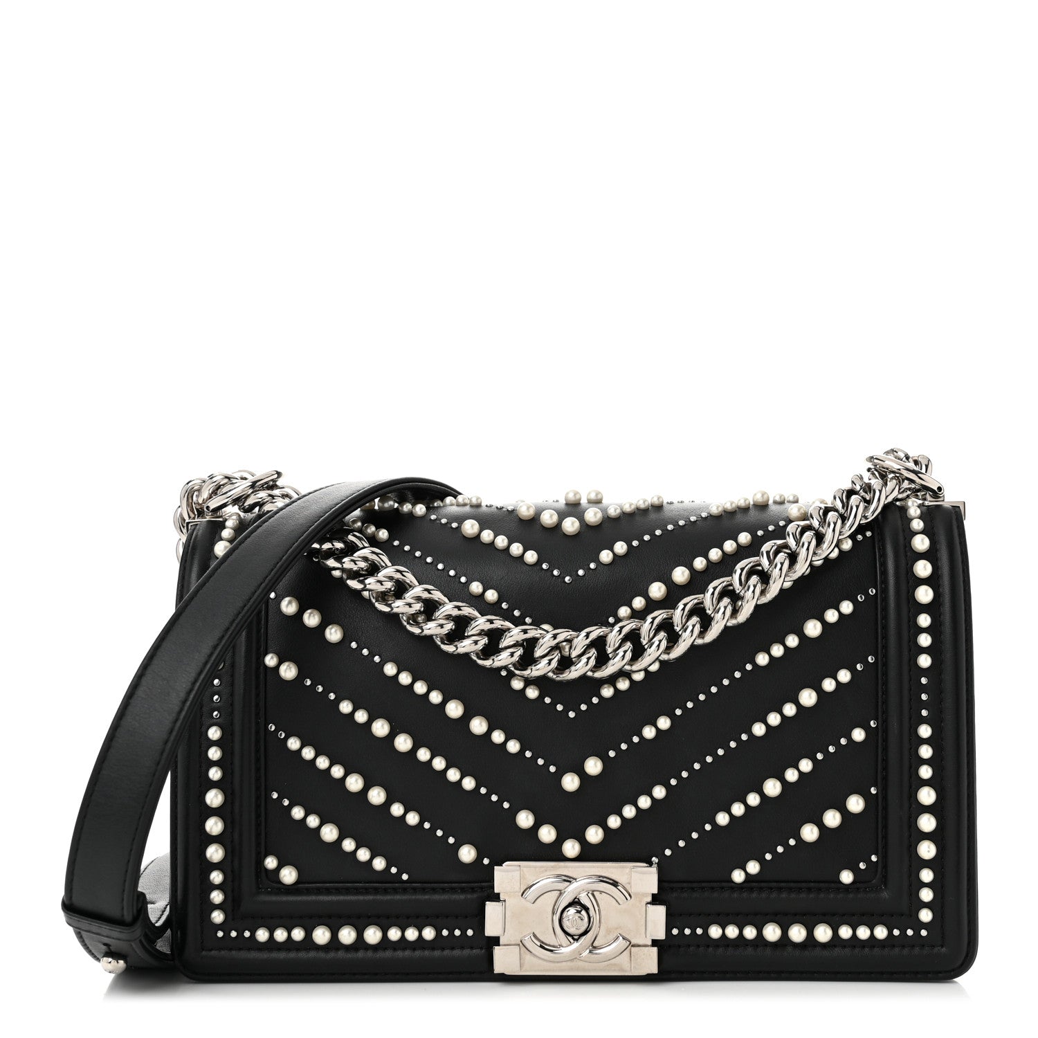Chanel Calfskin Pearl Chevron Medium Boy Flap Black 1 of 11
