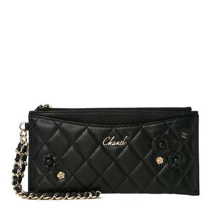 Chanel Lambskin Quilted Camellia Pouch With Handle Black 1 of 9