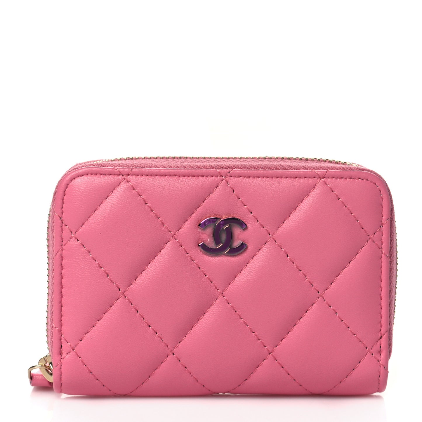 Lambskin Quilted Zip Around Coin Purse Wallet Pink Yellow