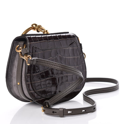 Chloe Suede Calfskin Crocodile Embossed Small Nile Bracelet Bag Profound Brown 3 of 9
