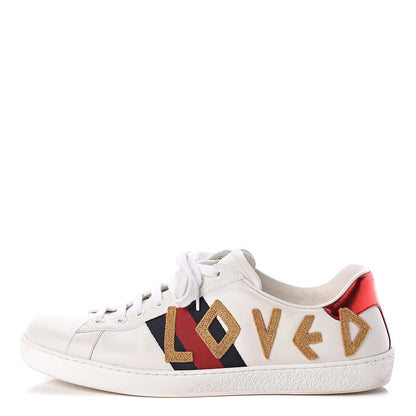 Gucci Calfskin Nappa Web LOVED Embroidered Mens Ace Sneakers 10 White Red Flame Notte 1 of 10