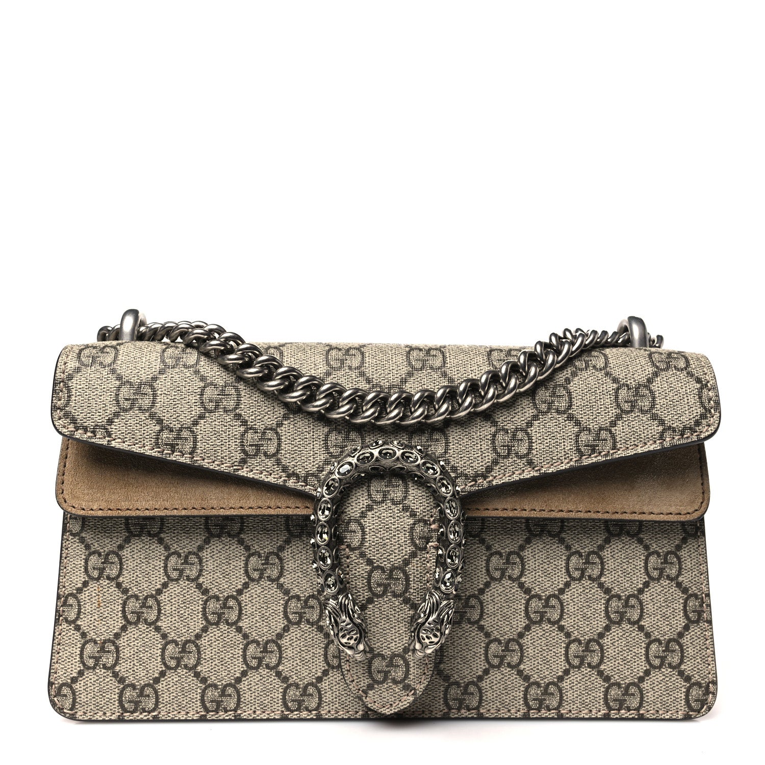 Gucci GG Supreme Monogram Suede Crystal Small Dionysus Shoulder Bag Beige Ebony Taupe 1 of 10