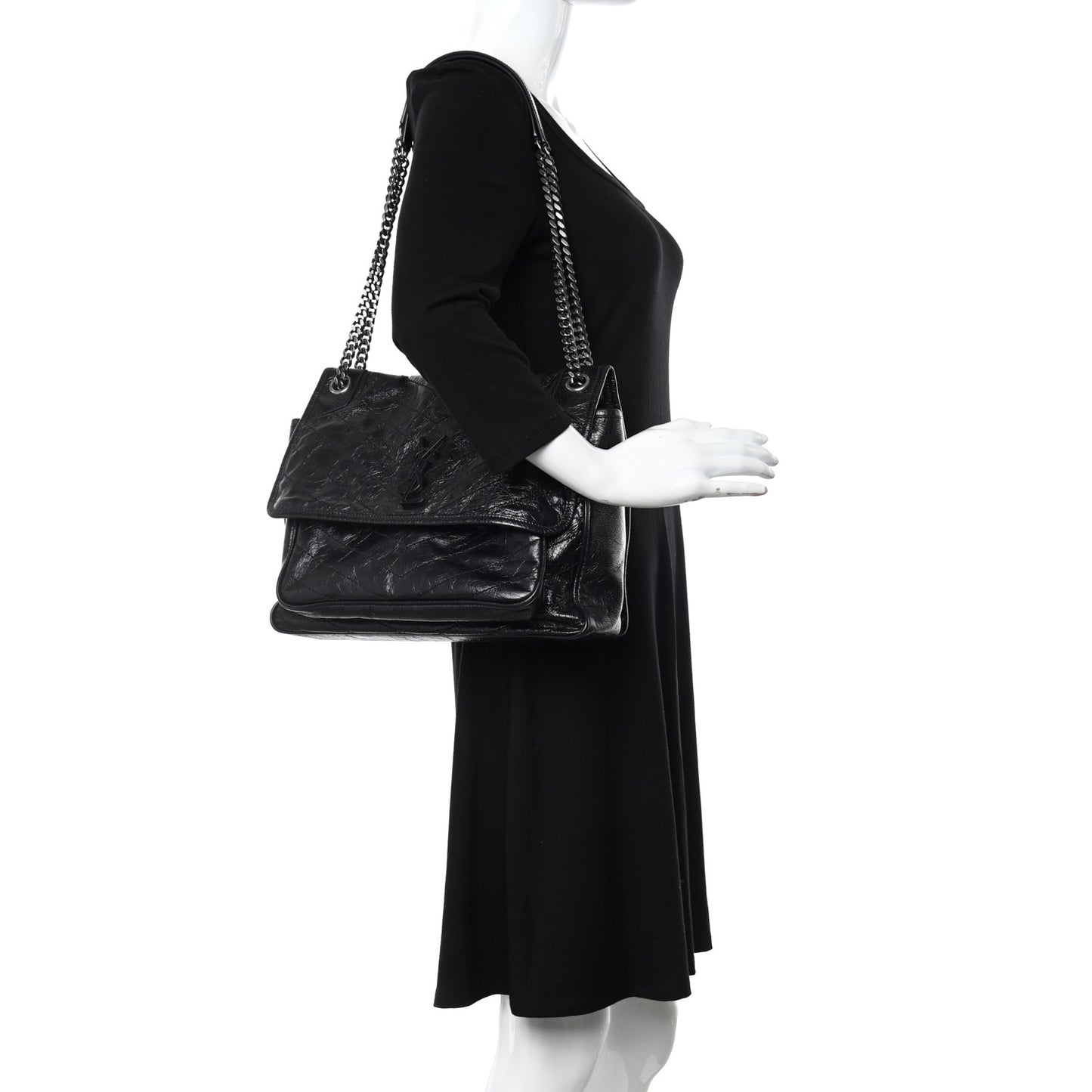 Crinkled Calfskin Matelasse Monogram Large Niki Chain Satchel Black