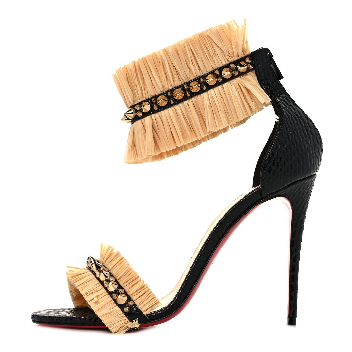 Raffia Calfskin Snake Print Poupedou 100 Sandals 37 Black Savane