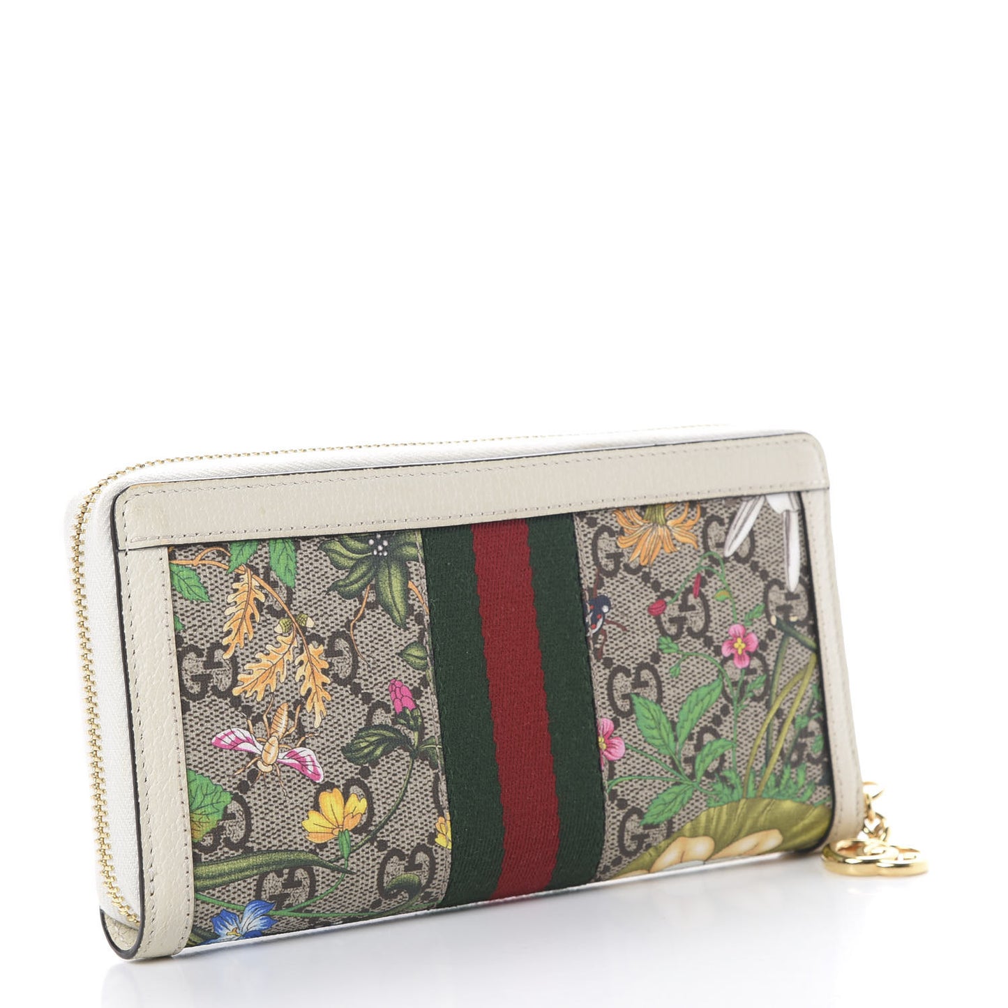 GG Supreme Monogram Flora Ophidia Zip Around Wallet White