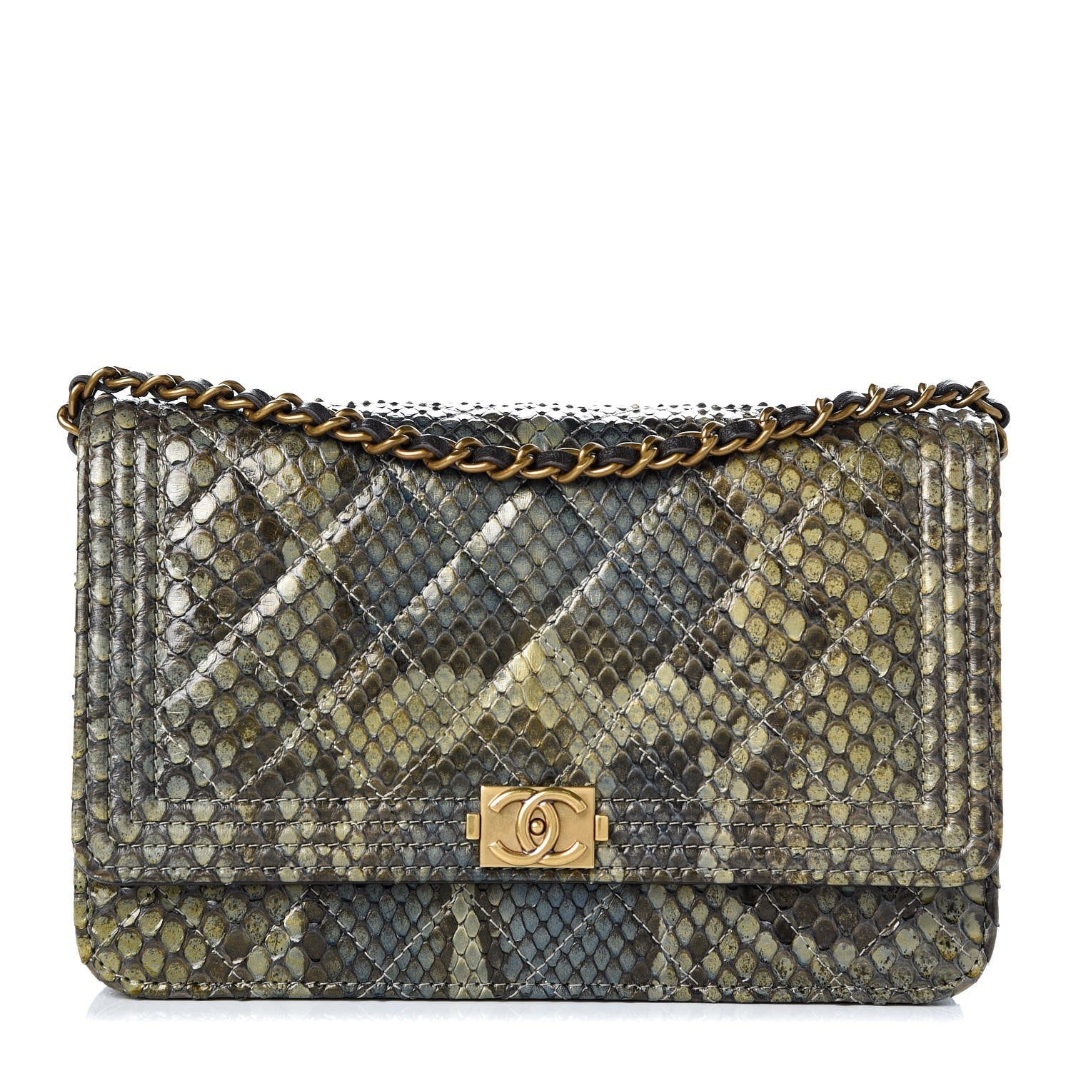 Chanel Metallic Python Boy Wallet On Chain WOC Green 1 of 9