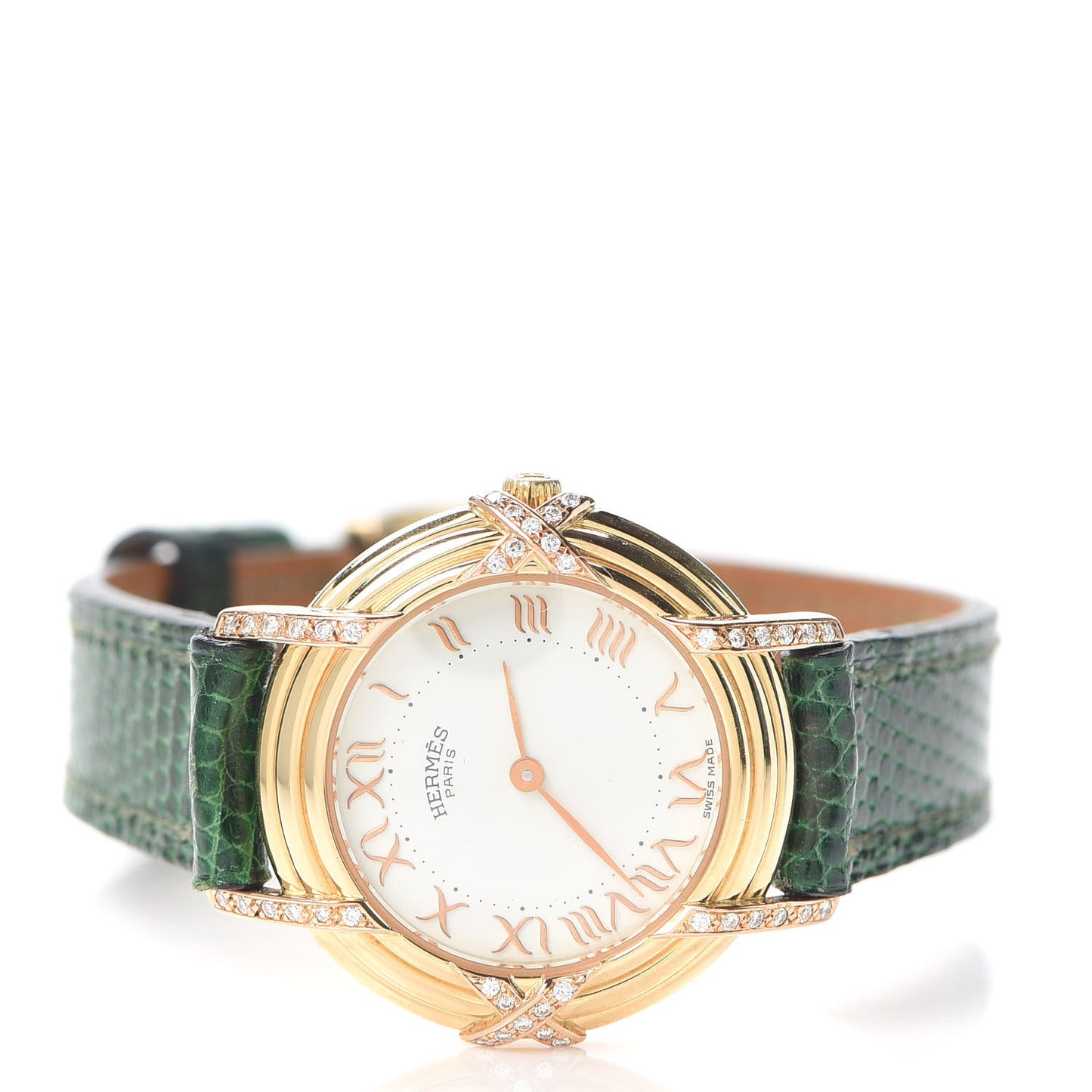 18K Yellow Gold Lizard Diamond 26mm Ruban Quartz Watch Vert Fonce