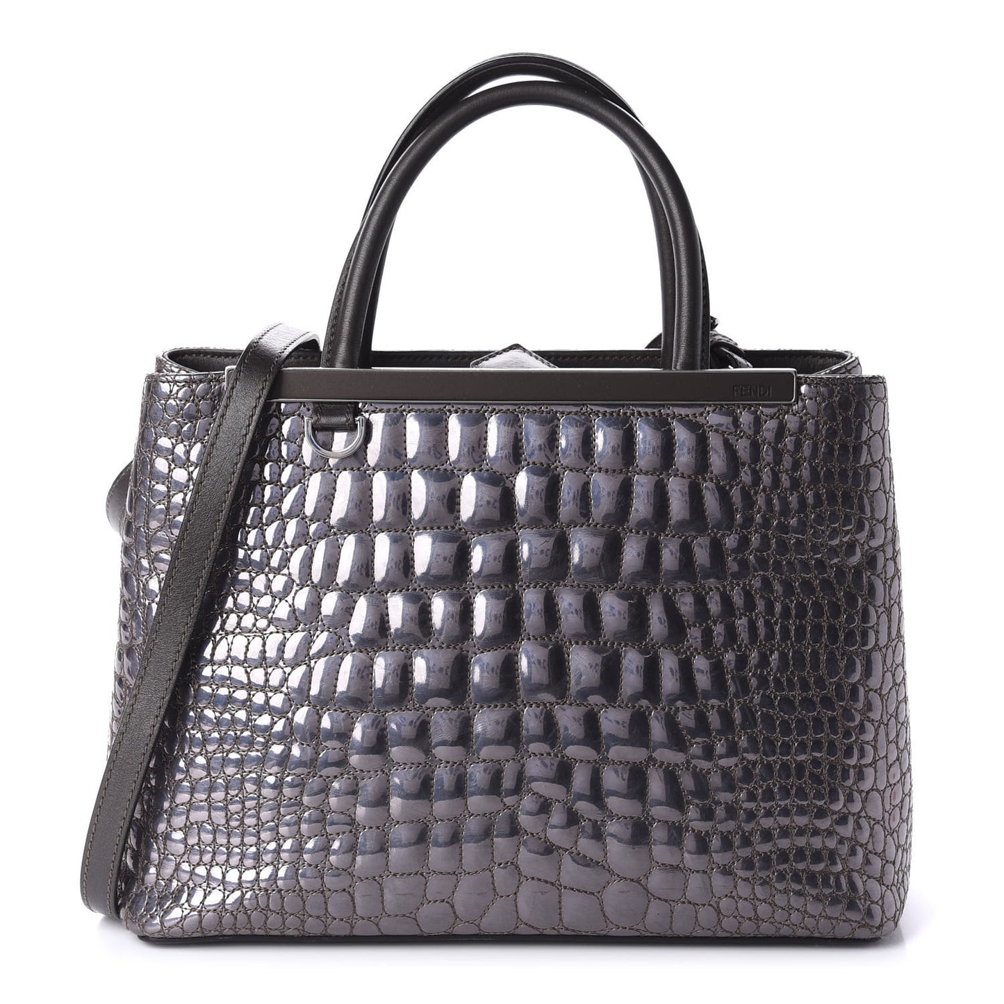 Metallic Calfskin Crocodile Embroidered Petite 2Jours Tote Silver Mirror