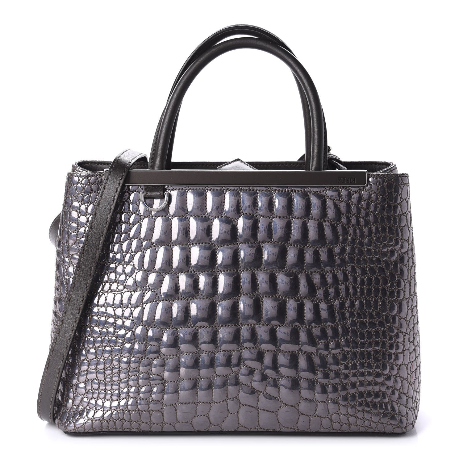 Fendi Metallic Calfskin Crocodile Embroidered Petite 2Jours Tote Silver Mirror 1 of 15