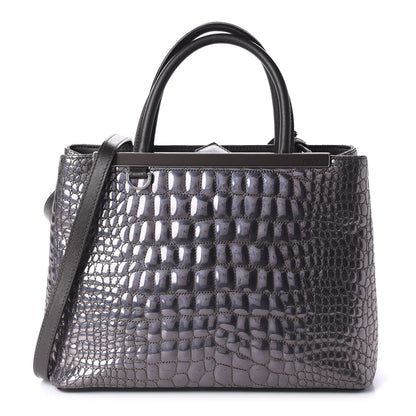 Fendi Metallic Calfskin Crocodile Embroidered Petite 2Jours Tote Silver Mirror 1 of 15