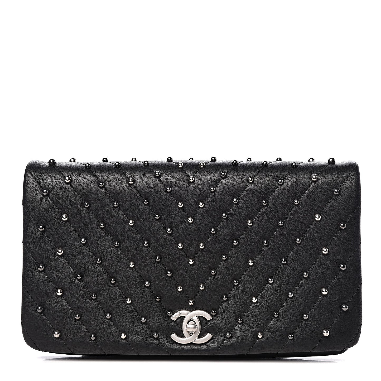 Lambskin Chevron Quilted Studded Stud Wars Flap Clutch Black